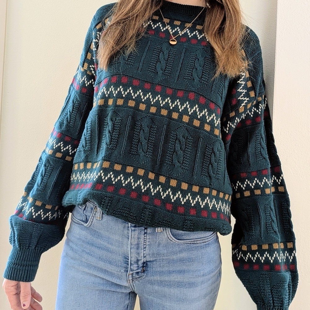 Vintage Abstract Geometric Patterned Chunky Textured Crewneck Sweater - Picture 2 of 8